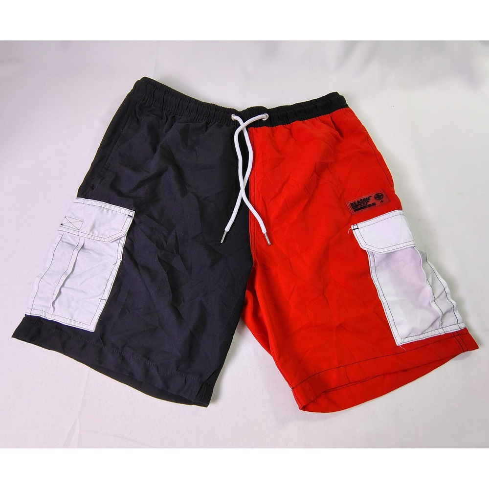 Reason Clothing Colorblock Cargo Swim Trunks Men's Size M Black Red Board Shorts